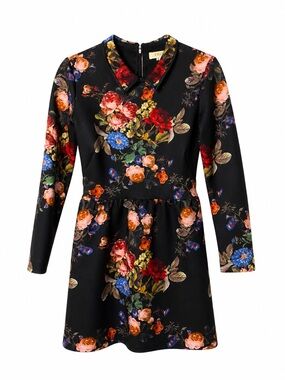 ERIN Erin Fetherston Black Floral Scuba Dress Mini Collared Long Sleeve- Sz 6